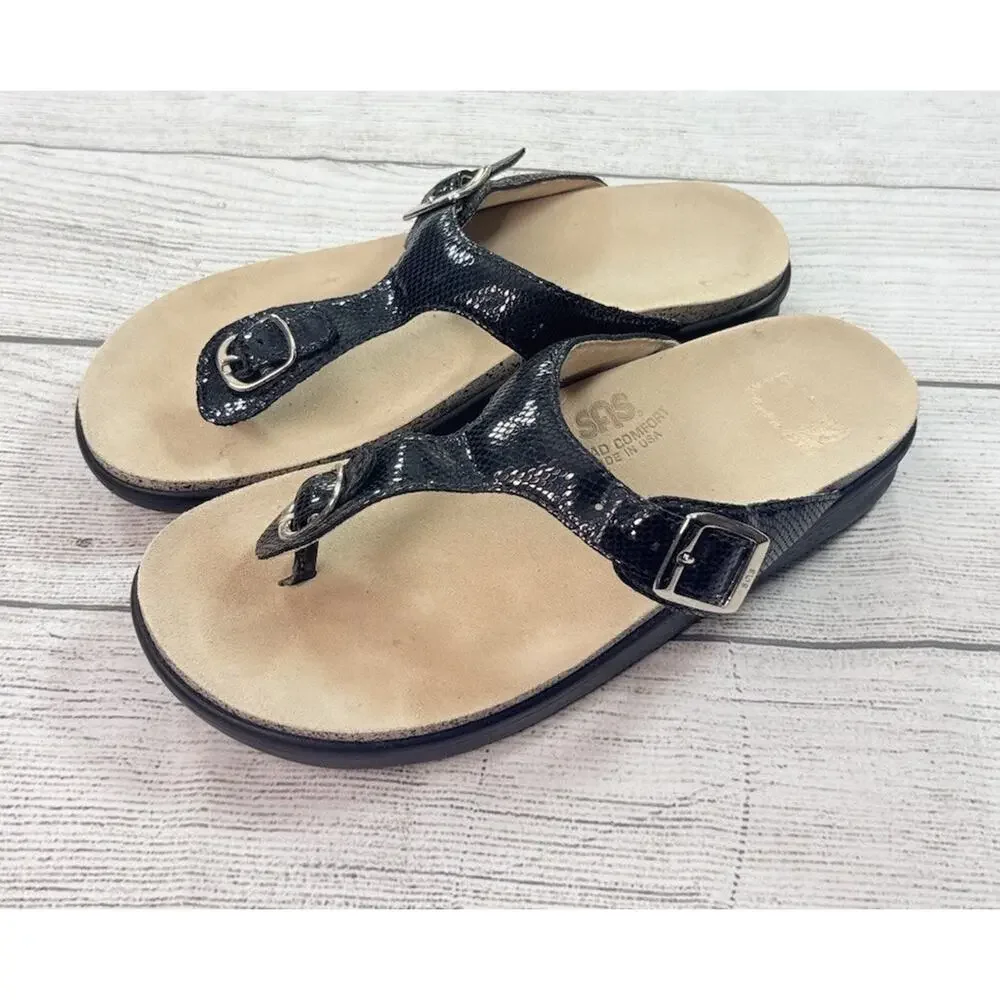 SAS Sanibel Slide Sandal Thong T Strap Buckle Adjustable Black Snake Size 8M